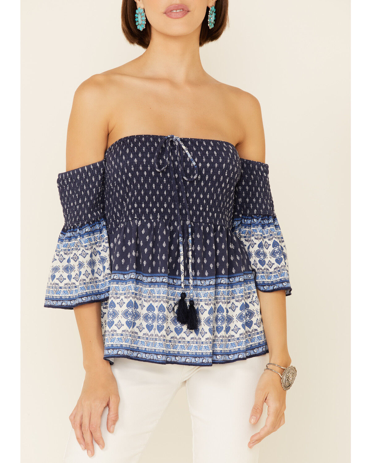 Image #3 - Temped Women's Border Print Smocked Off Shoulder Short Sleeve Top, Navy, hi-res