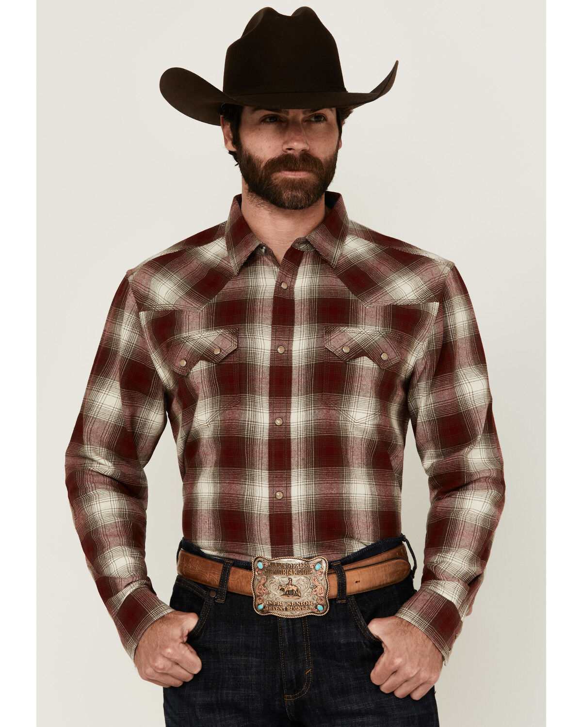 Image #1 - Moonshine Spirit Men's Vino Plaid Print Long Sleeve Snap Western Shirt, Cream, hi-res