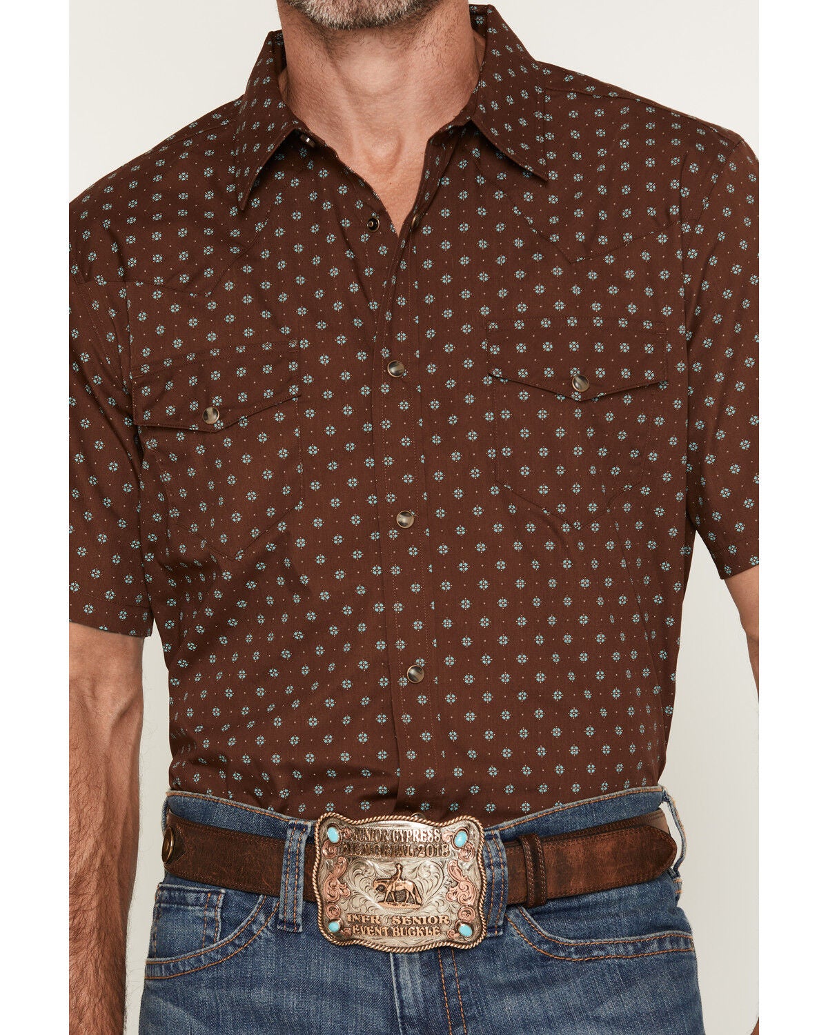 Image #3 - Gibson Trading Co Men's Gamer Geo Print Short Sleeve Snap Western Shirt, Brown, hi-res