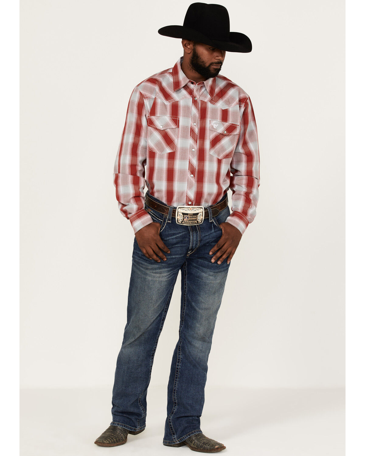 Image #2 - Cowboy Hardware Men's Burgundy Hombre Plaid Long Sleeve Pearl Snap Western Shirt, , hi-res