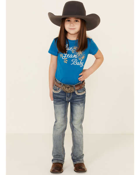 Grace In LA  Little Girls'  Border Stitched Pocket Bootcut Jeans (4-6X), Blue, hi-res