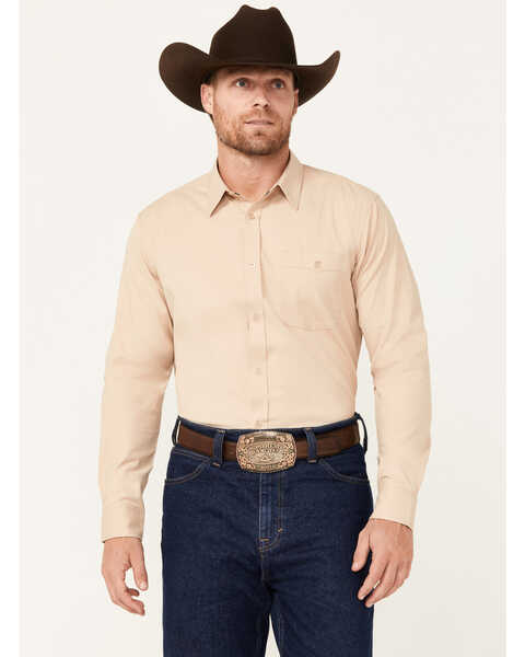 RANK 45® Men's Logo Long Sleeve Button-Down Performance Western Shirt, Tan, hi-res