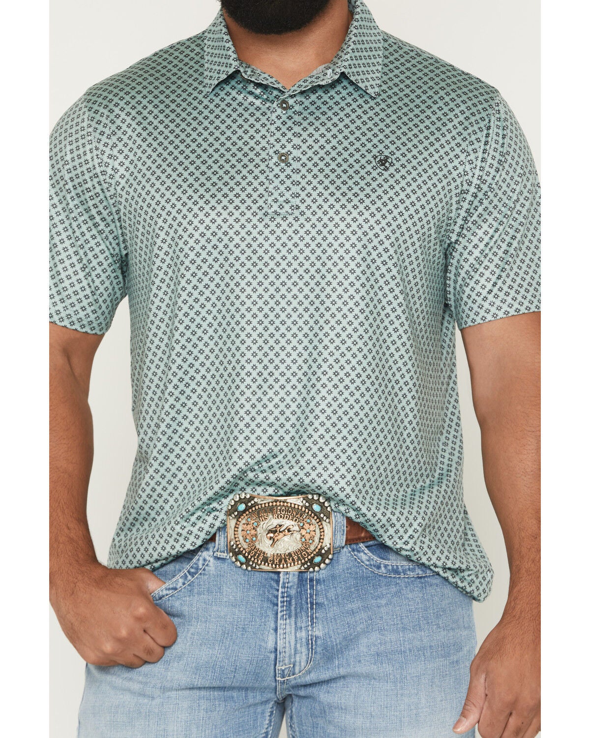 Image #3 - Ariat Men's Fitted Micro Geo Print Short Sleeve Polo, Green, hi-res