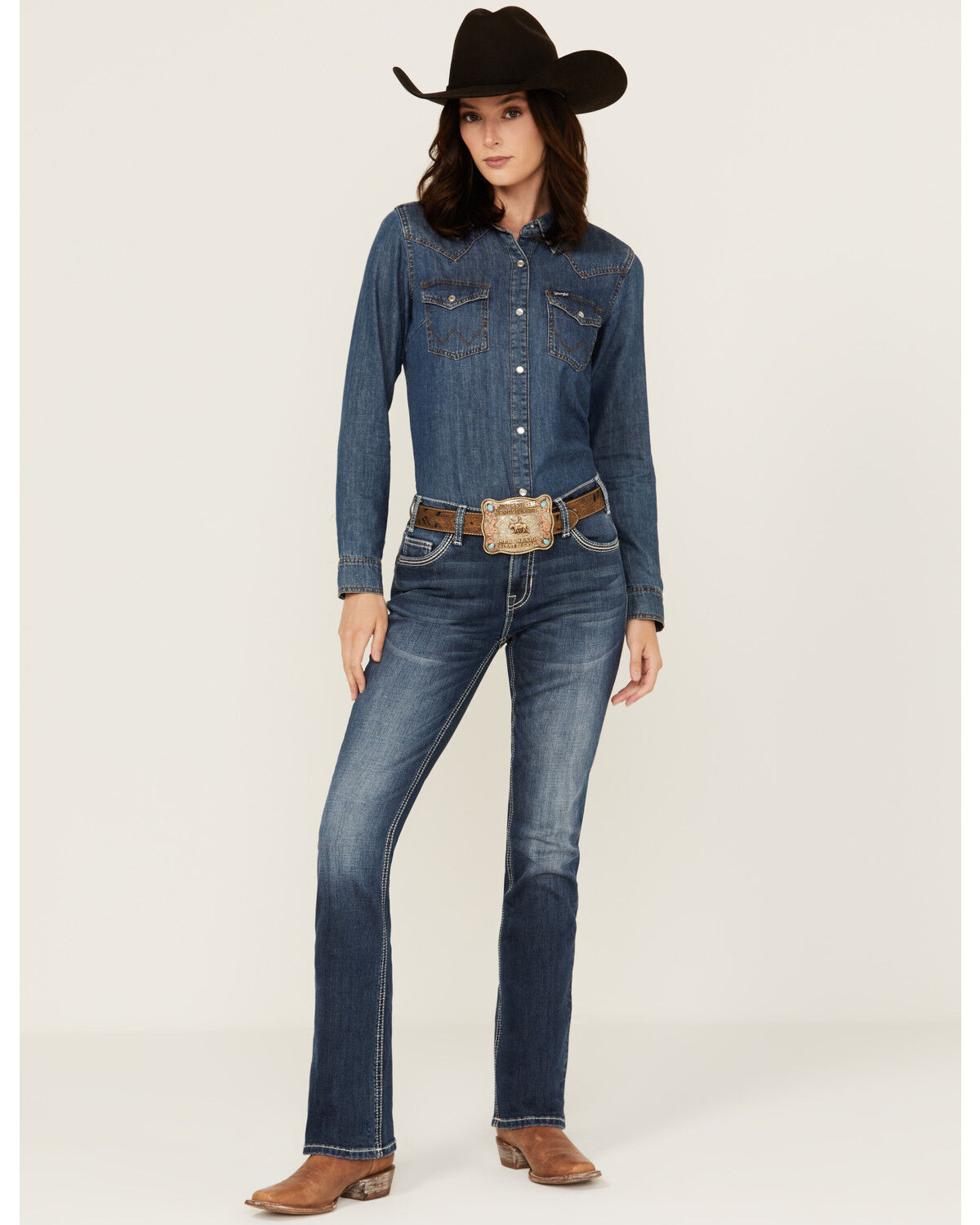Image #3 - Rock & Roll Denim Women's Medium Wash Mid Rise Pleather Embroidered Pocket Bootcut Stretch Denim Jeans, Medium Wash, hi-res