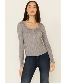 Wild Moss Women's Ribbed Knit Henley Lace Long Sleeve Top , Heather Grey, hi-res