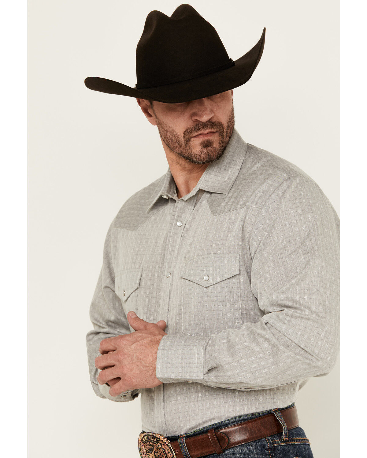 Image #2 - Roper Men's Abstract Print Long Sleeve Pearl Snap Western Shirt, Grey, hi-res