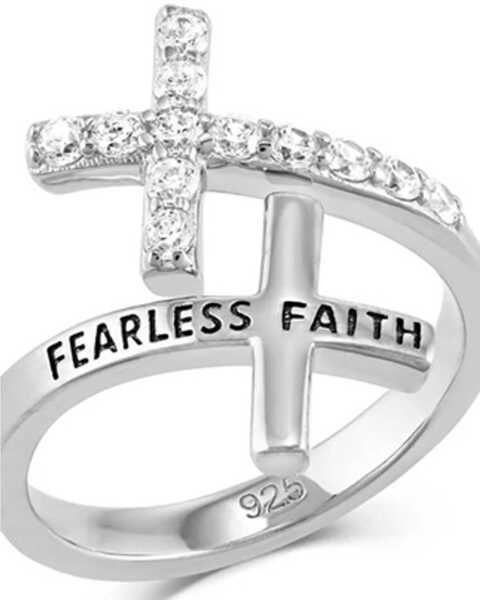Montana Silversmiths Women's Fearless Faith Crystal Cross Ring , Silver, hi-res