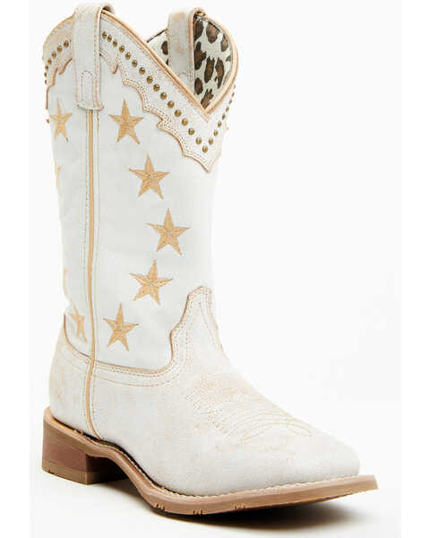 Laredo Women's Early Star 11" Studded Western Performance Boots - Broad Square Toe, White, hi-res