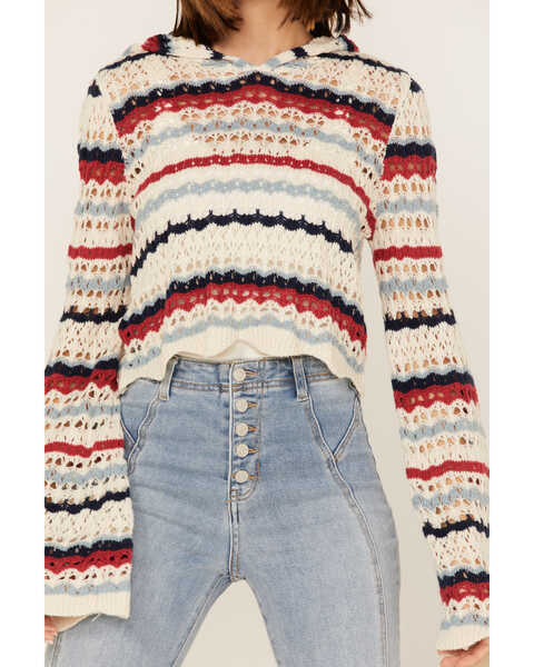 Image #3 - Panhandle Women's Americana Stripe Crochet Knit Hooded Sweater, Red/white/blue, hi-res