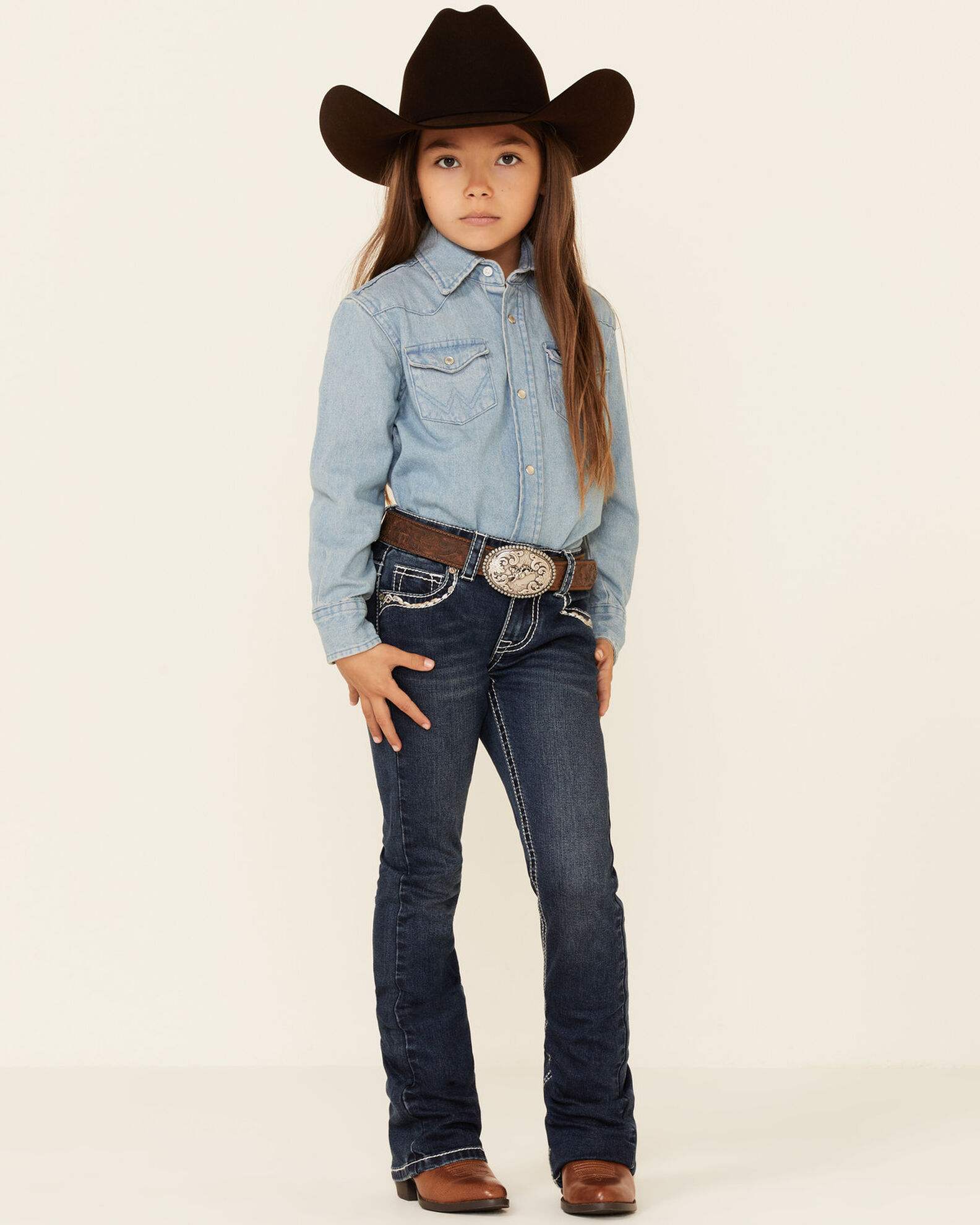 Shyanne Little Girls Medium Wash Embroidered Southwestern Steer Head Pocket Bootcut Jeans