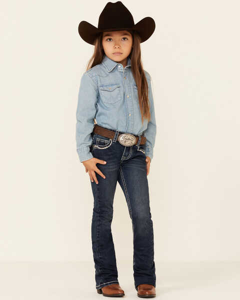 Shyanne Little Girls' Medium Wash Embroidered Southwestern Steer Head Pocket Bootcut Jeans, Blue, hi-res
