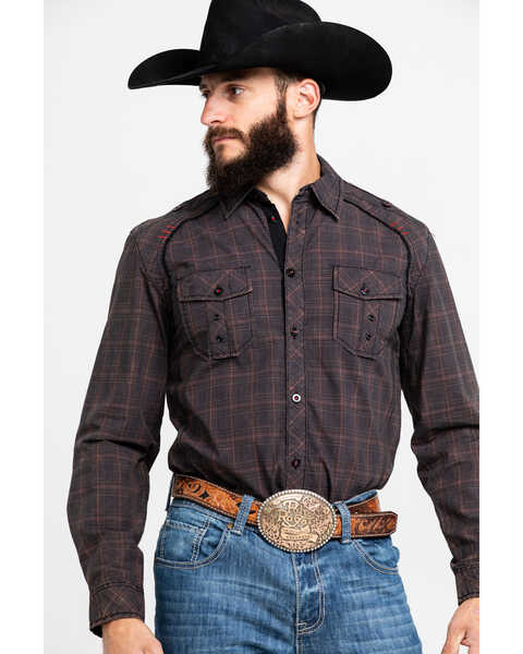 Austin Season Men's Embroidered Cross Plaid Button Long Sleeve Western Shirt, Brown, hi-res