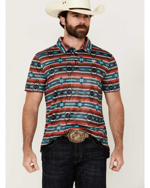 Rock & Roll Denim Men's Southwestern Striped Short Sleeve Stretch Polo Shirt , Red, hi-res