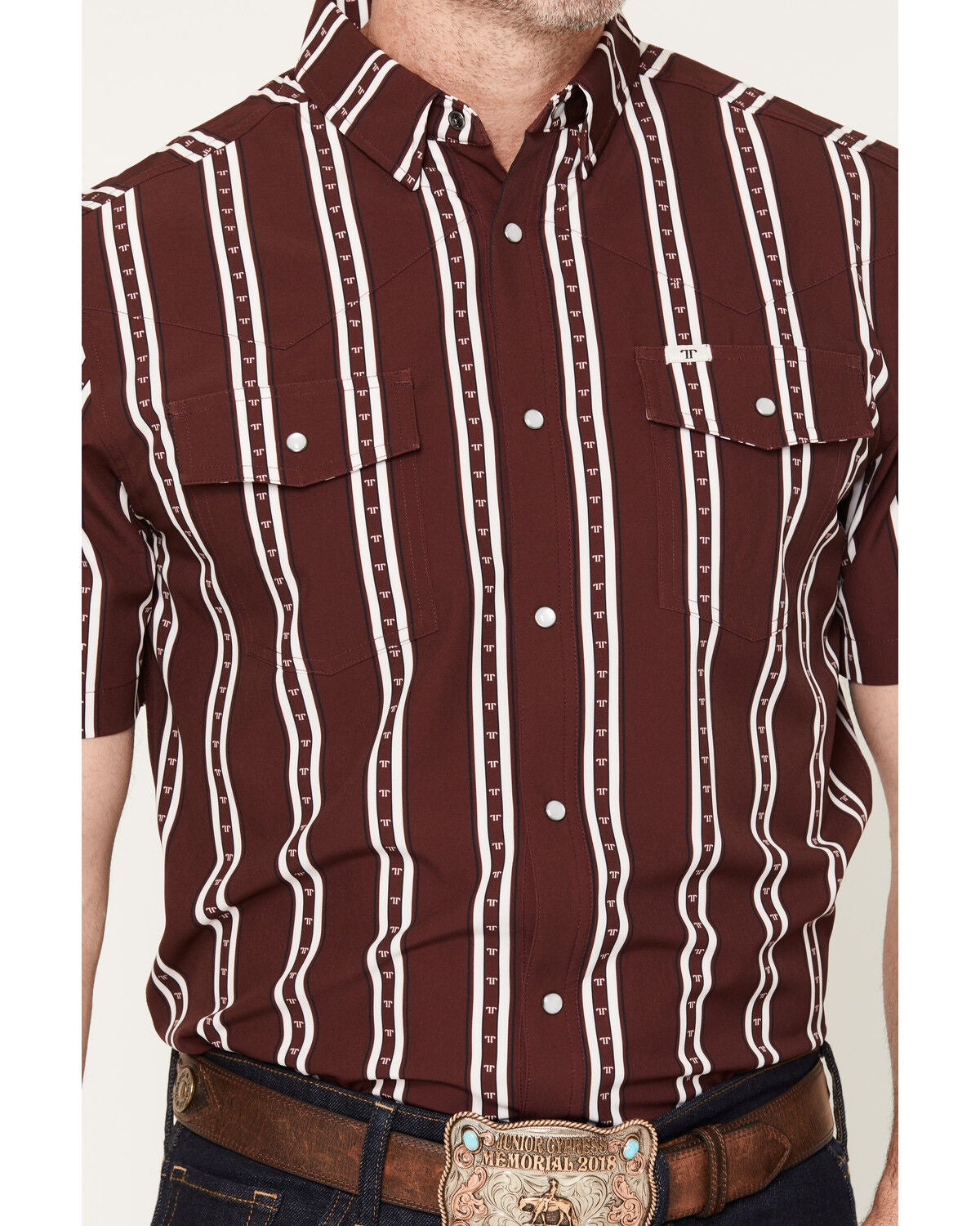 Image #3 - Ferrell Men's Tucker Tek Striped Short Sleeve Pearl Snap Stretch Western Shirt, Burgundy, hi-res