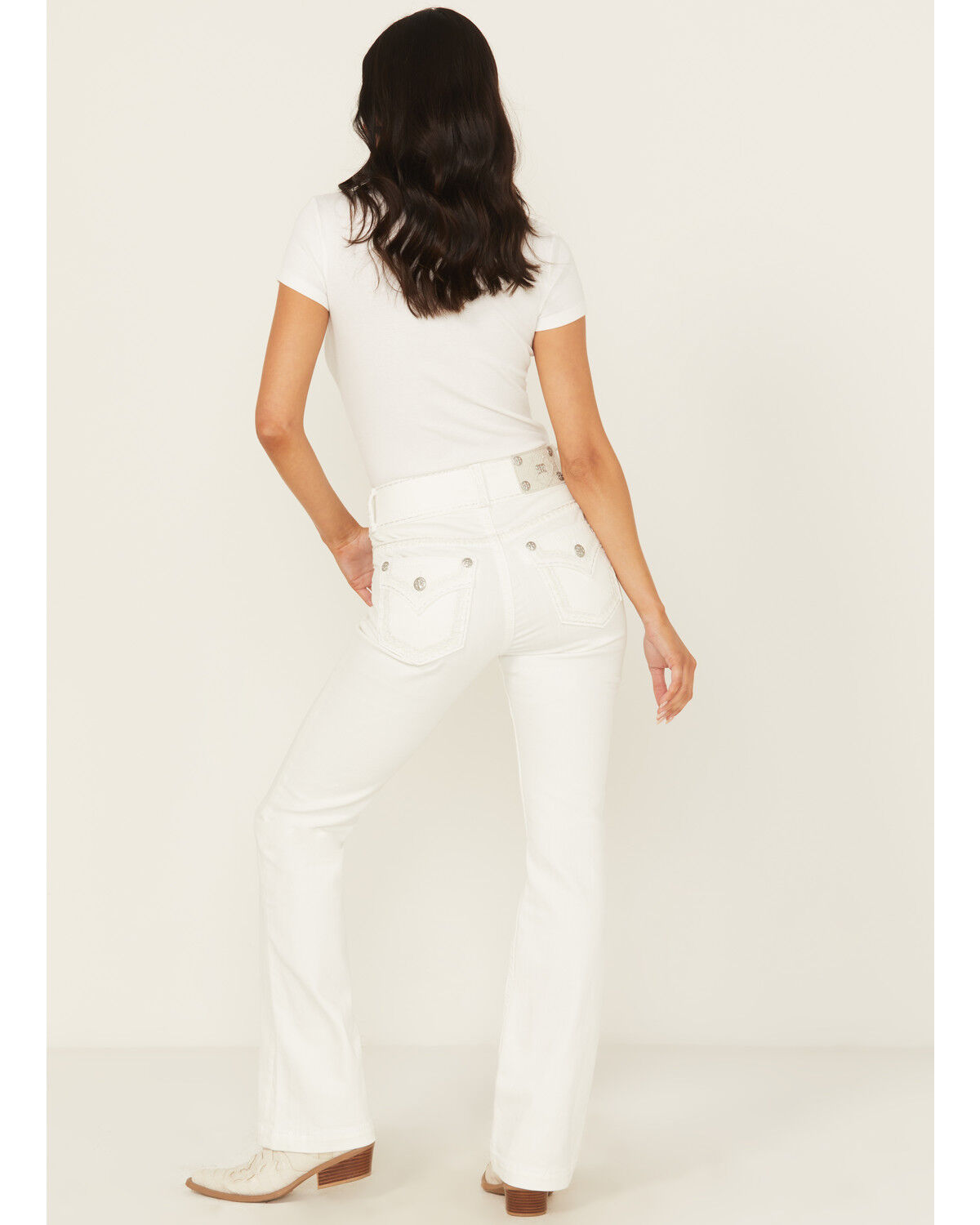 Image #3 - Miss Me Women's High Rise Border Stitch Bootcut Stretch Denim Jeans, White, hi-res