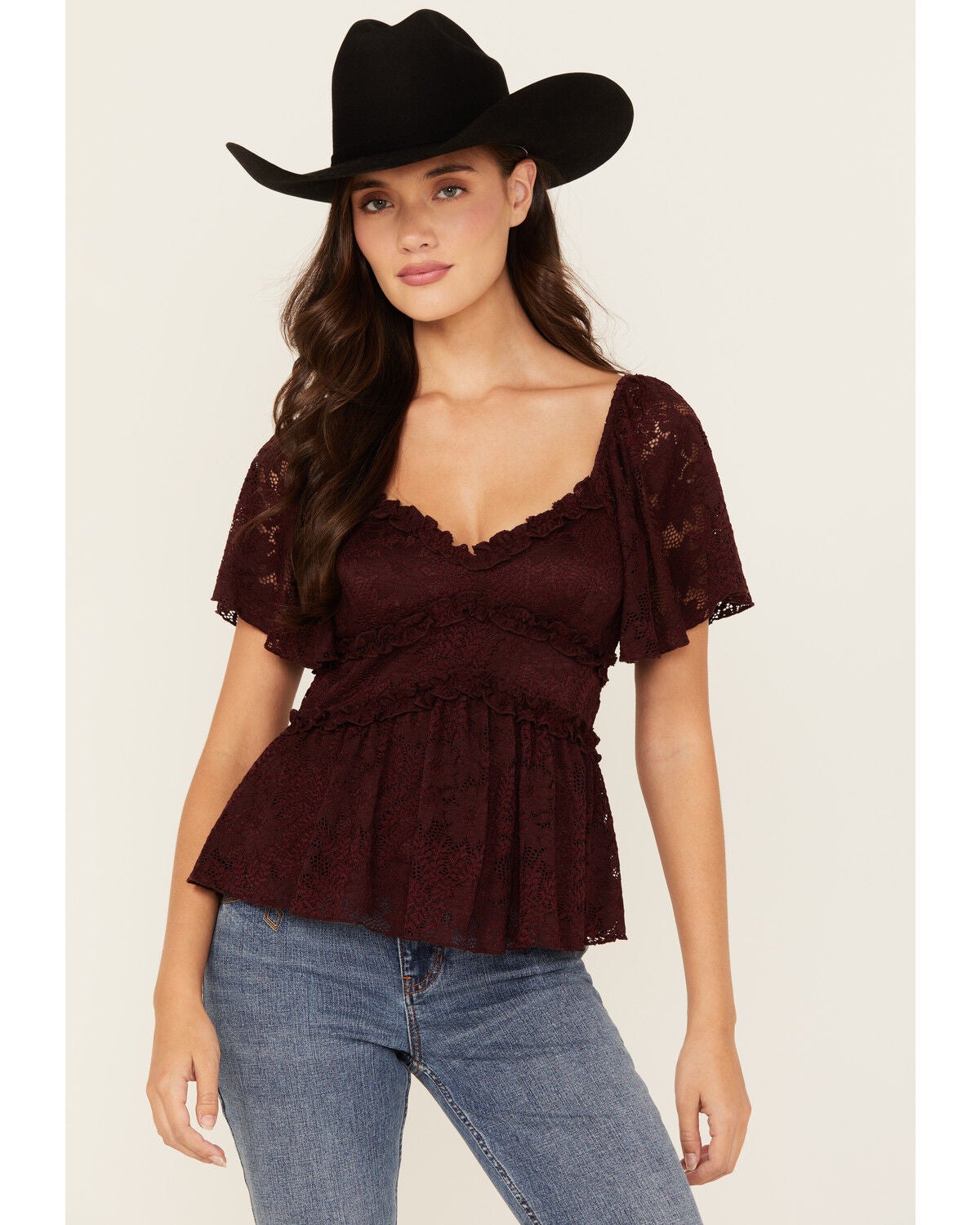 Originality Women's Ruffle Lace Short Sleeve Top, Brown, hi-res