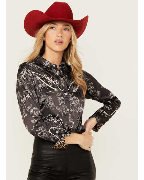 Image #1 - Rodeo Quincy Women's Horse Print Long Sleeve Pearl Snap Western Shirt , Black/white, hi-res