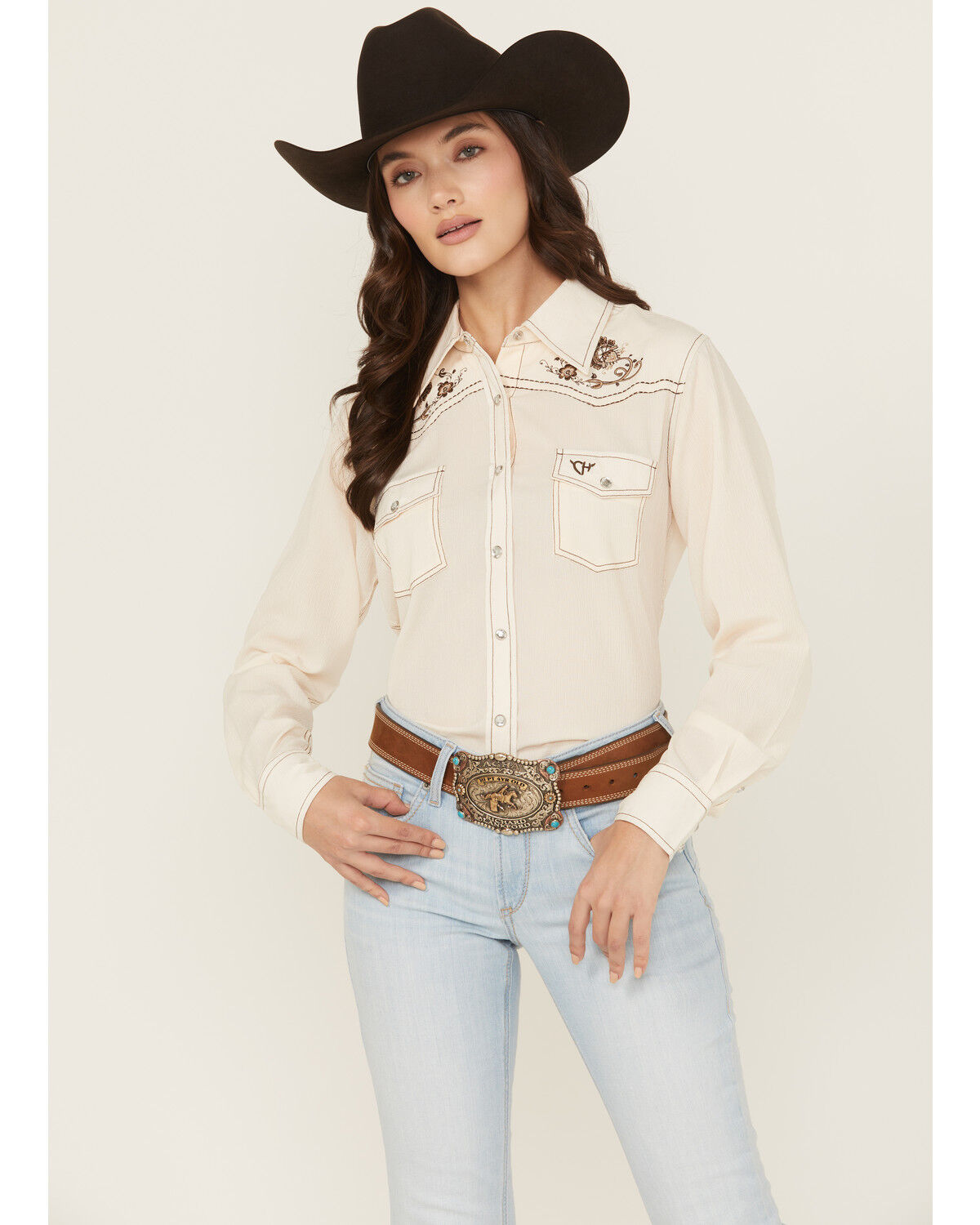 Image #1 - Cowgirl Hardware Women's Floral Embroidered Long Sleeve Snap Western Shirt, Cream, hi-res