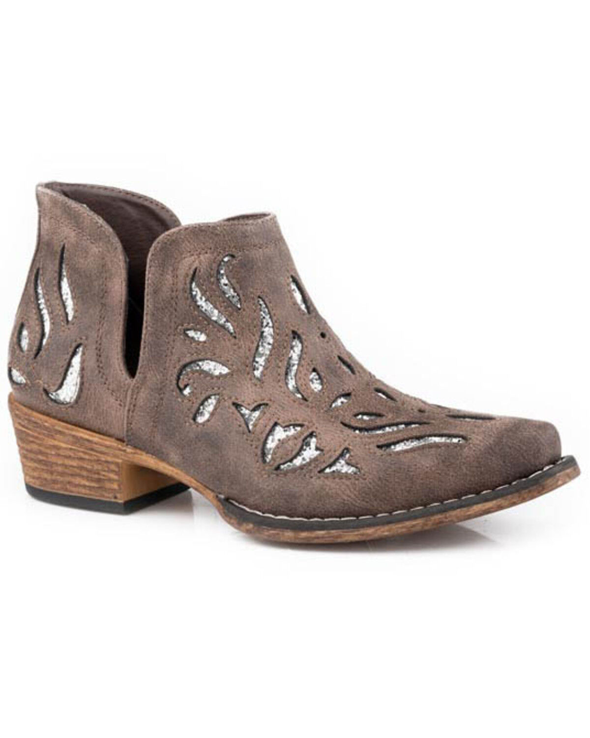 Image #1 - Roper Women's Ava Glitz Inlay Western Booties - Snip Toe, Brown, hi-res