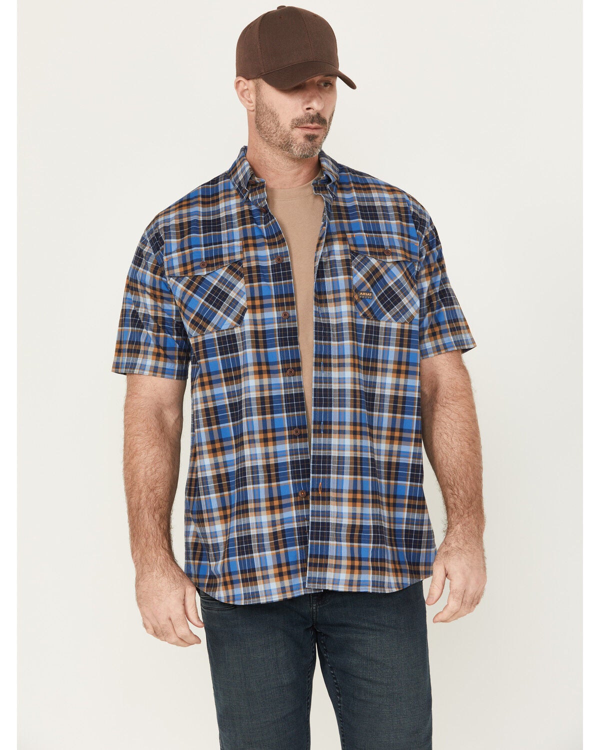 Ariat Men's Rebar Made Tough Short Sleeve Button-Down Stretch Work Shirt, Blue, hi-res