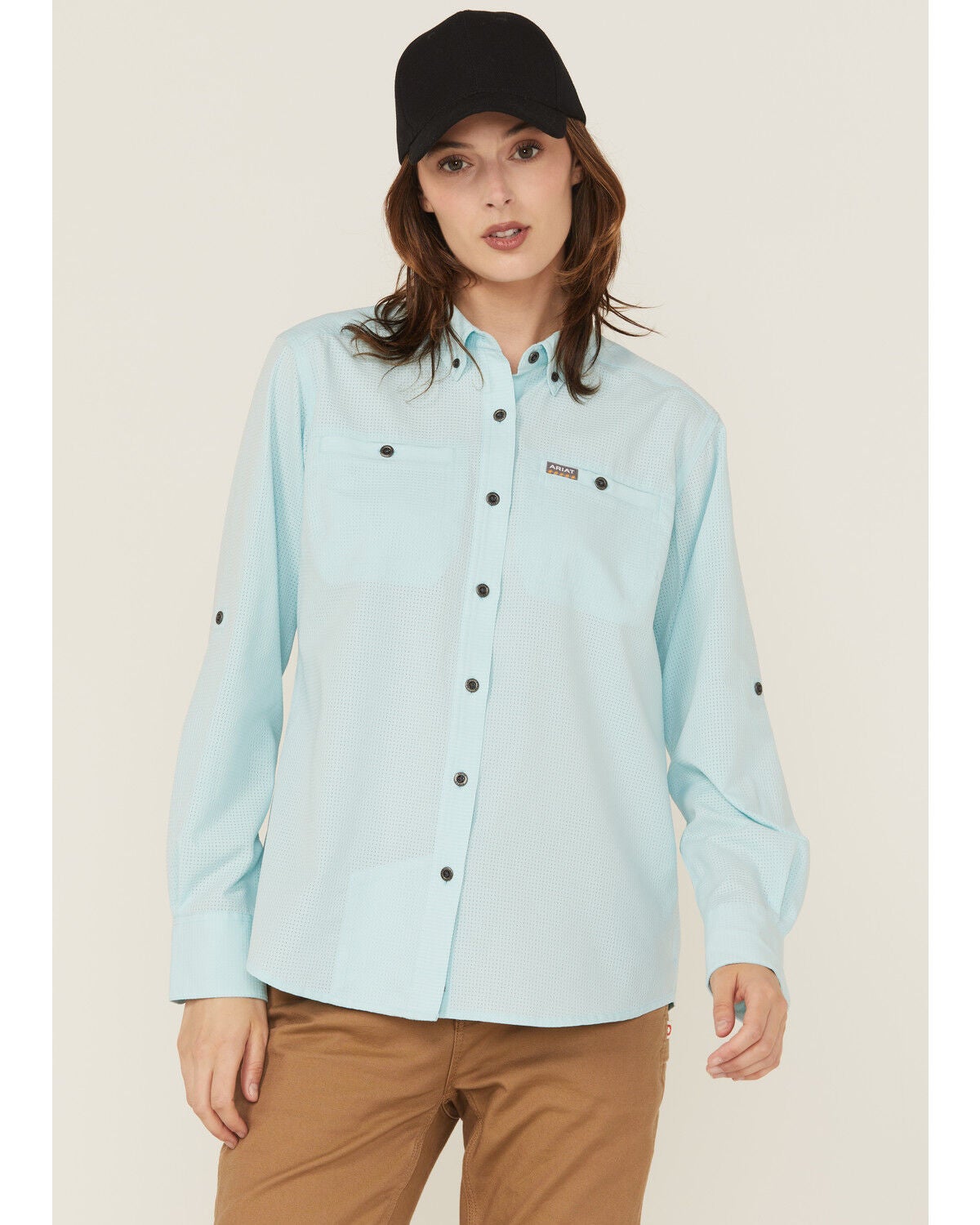 Ariat Women's Rebar Made Tough 360 Long Sleeve Button-Down Work Shirt, Blue, hi-res