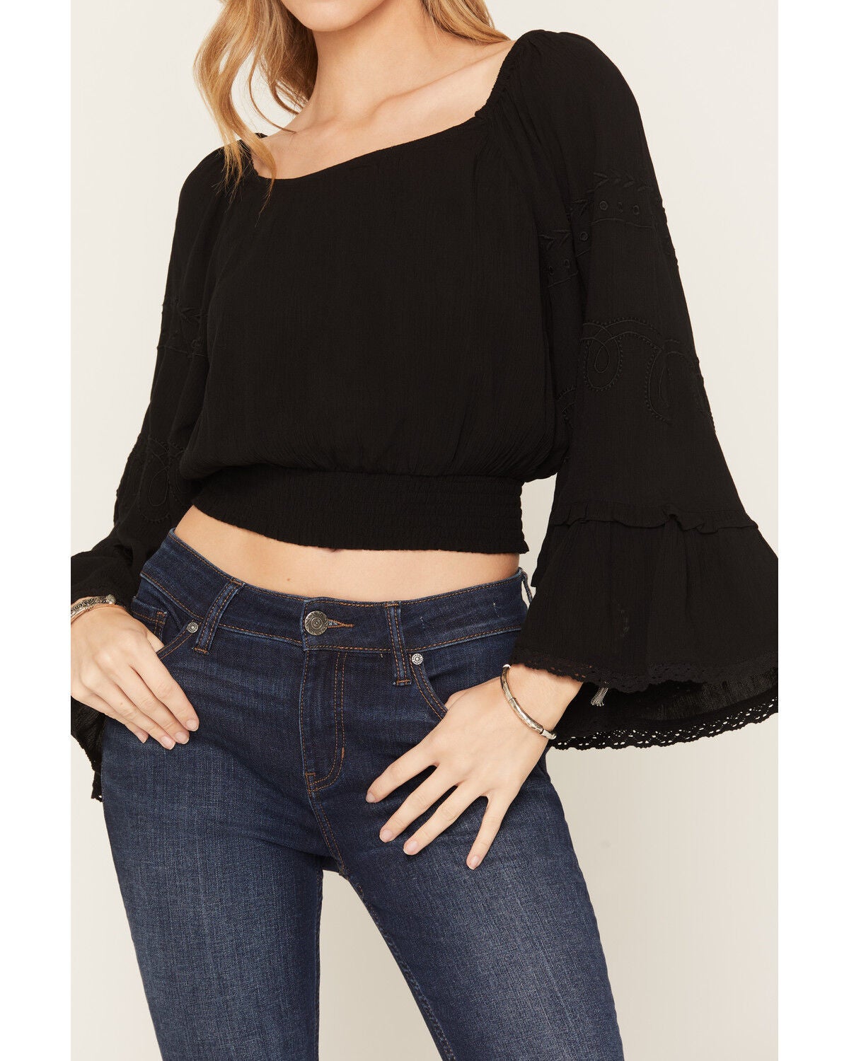 Image #3 - Shyanne Women's Pearl 3/4 Sleeve Smocked Waist Top, Black, hi-res
