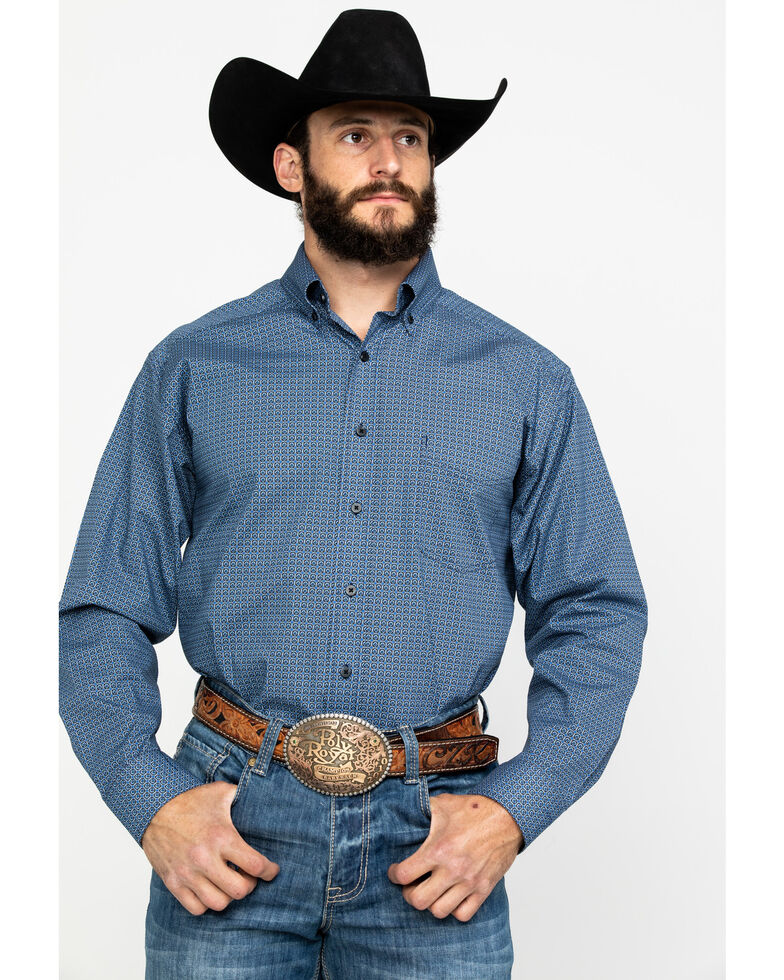 Tuf Cooper Men's Indigo Stretch Geo Print Long Sleeve Western Shirt , Indigo, hi-res