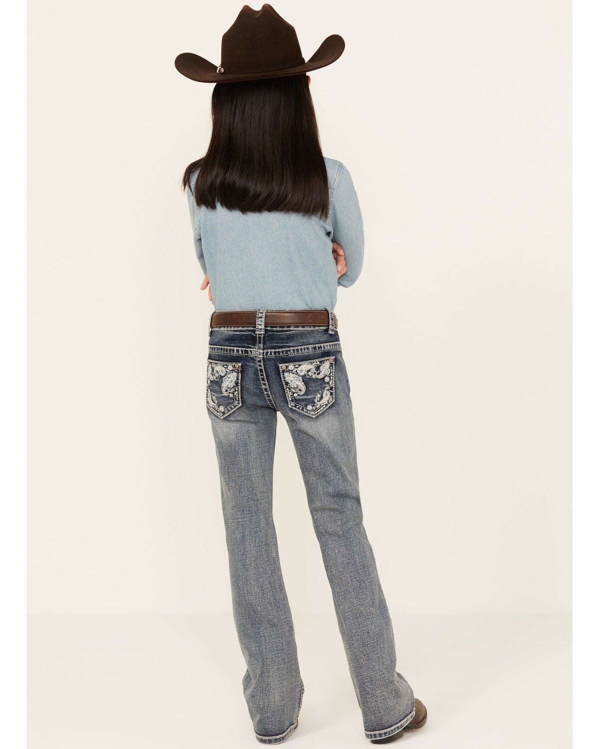 Shyanne Girls' Medium Wash Faded Paisley Pocket Stretch Bootcut Jeans, Blue, hi-res