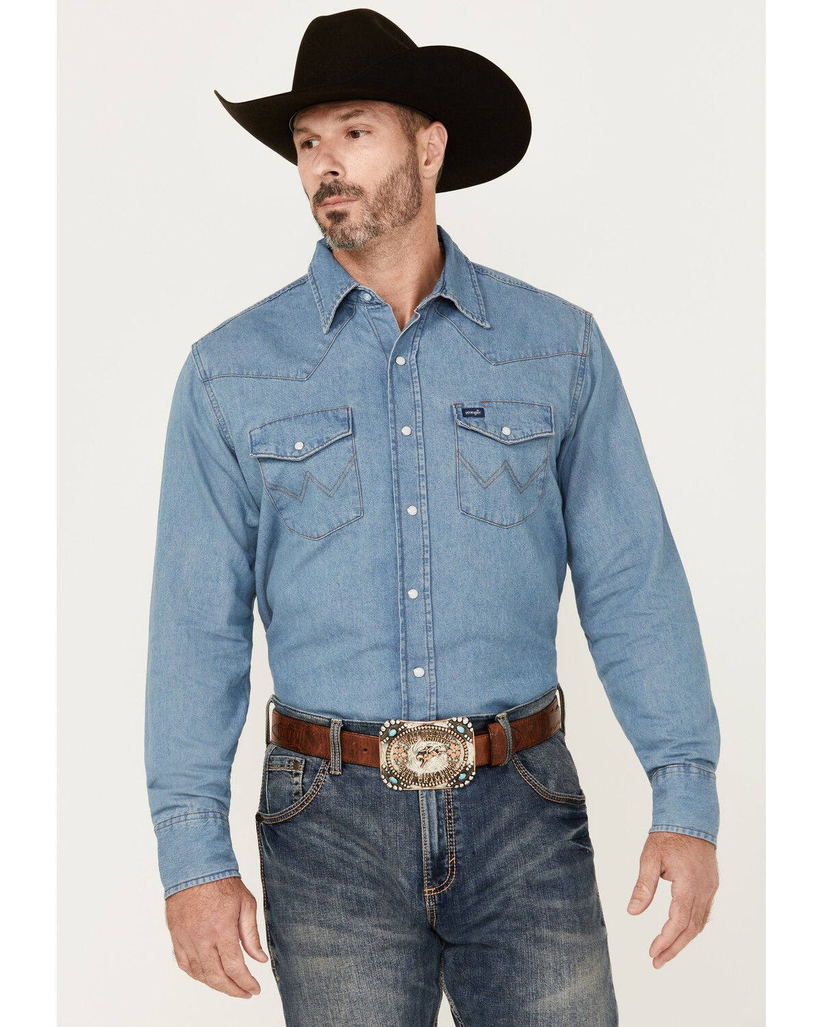 Wrangler Men's Stonewash Denim Long Sleeve Work Shirt, Stonewash, hi-res