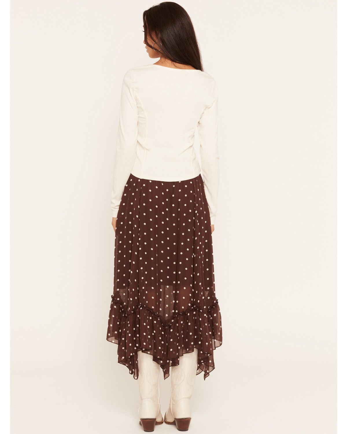 Image #3 - Wild Moss Women's Polka Dot Ruffle Midi Skirt, Brown, hi-res