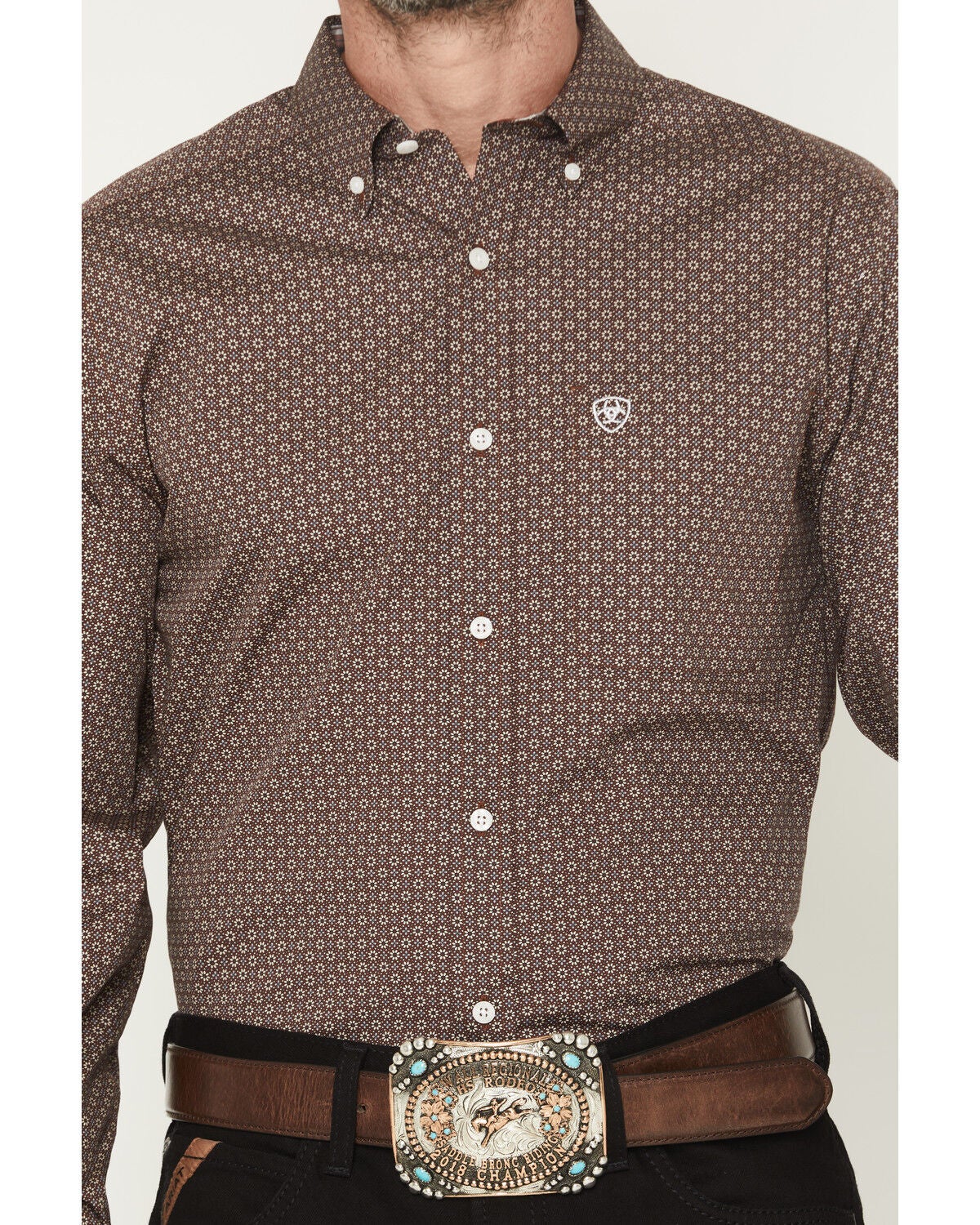 Image #3 - Ariat Men's Wrinkle Free Geo Print Fitted Long Sleeve Button-Down Western Shirt, Brown, hi-res