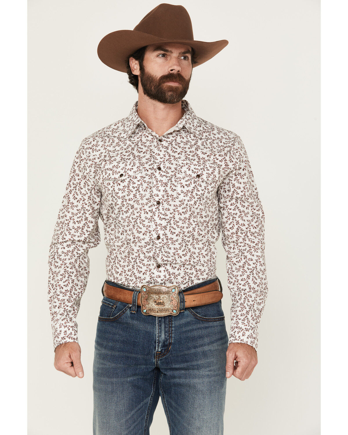 Image #1 - Gibson Trading Co Men's River Bank Floral Print Long Sleeve Snap Western Shirt, White, hi-res