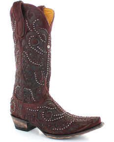 Old Gringo Women's Rowan Red Hair-On-Hide Studded Boots - Snip Toe , Red, hi-res