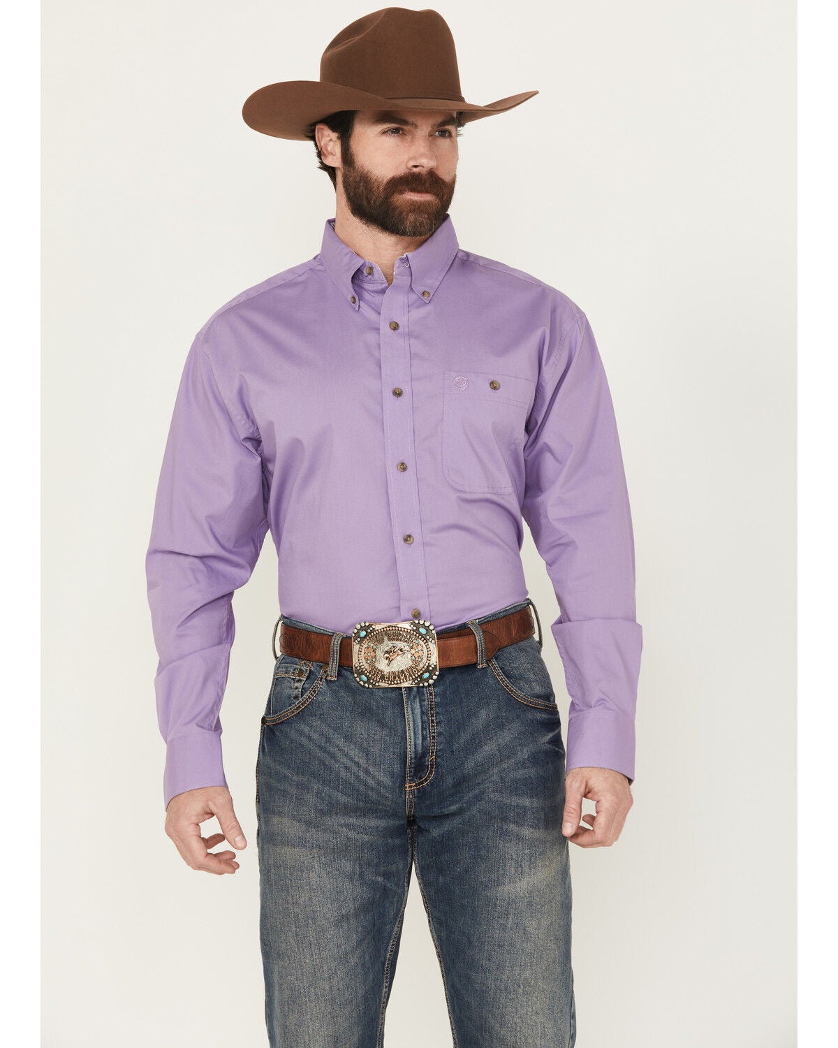 George Strait by Wrangler Men's Solid Long Sleeve Button-Down Stretch Western Shirt, Purple, hi-res