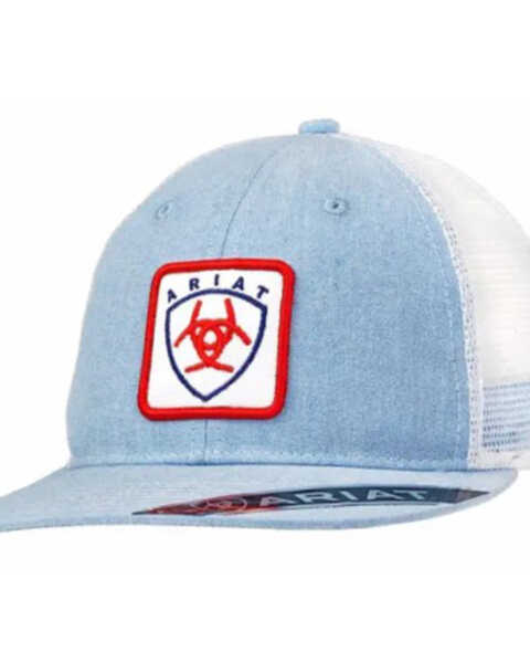 Ariat Men's Powder Blue & White Logo Patch Mesh-Back Ball Cap , Blue, hi-res
