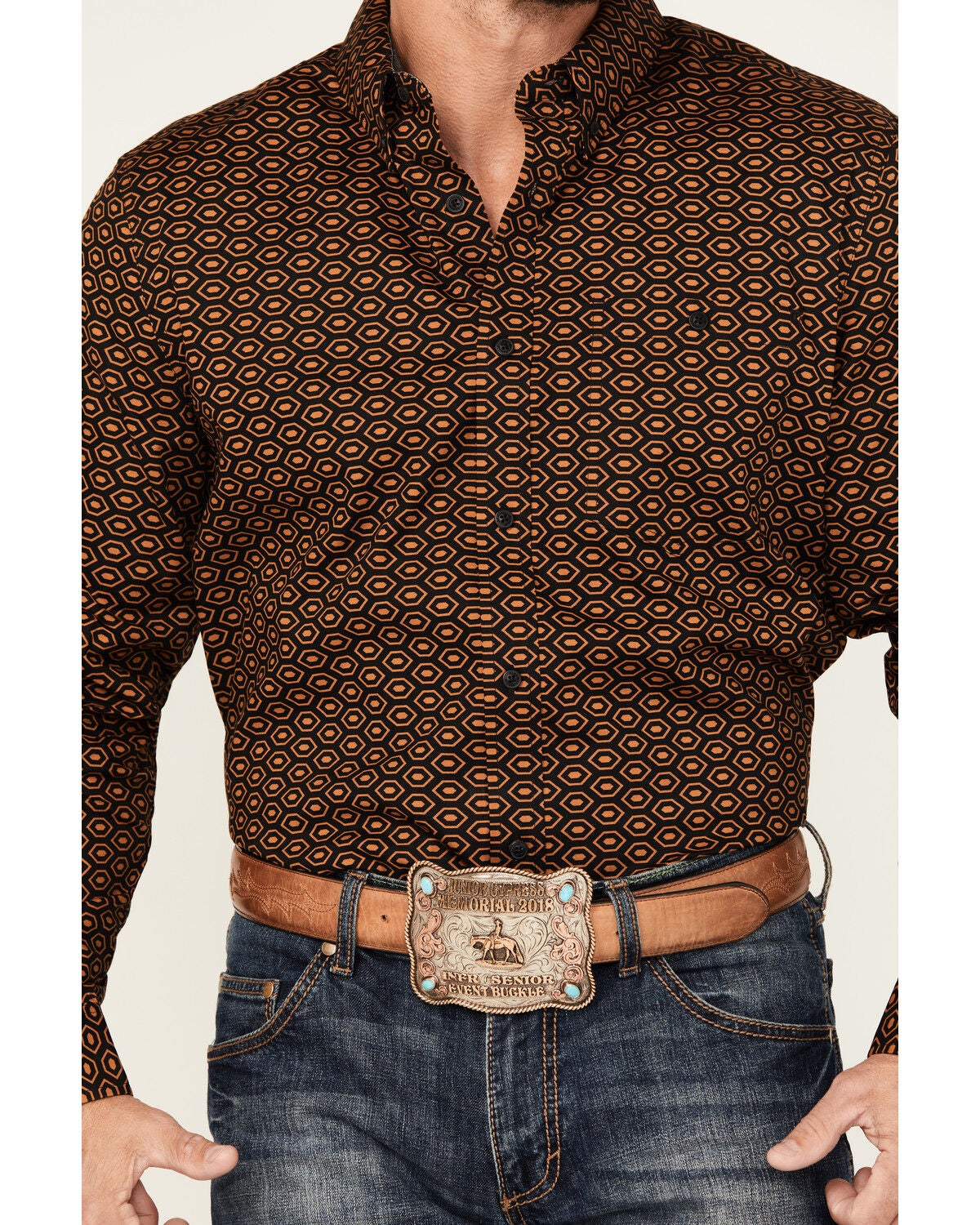 Image #3 - RANK 45&reg; Men's Trench Jacquard Geo Print Long Sleeve Button-Down Stretch Western Shirt, Black, hi-res