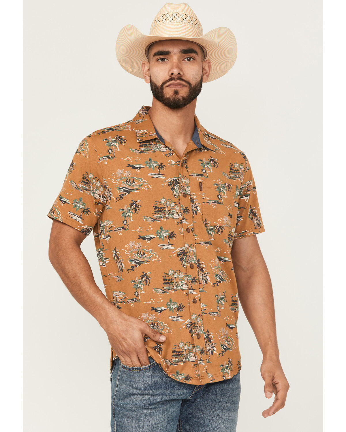 Image #2 - Ariat Men's Retro Short Sleeve Button-Down Stretch Western Shirt, Cognac, hi-res