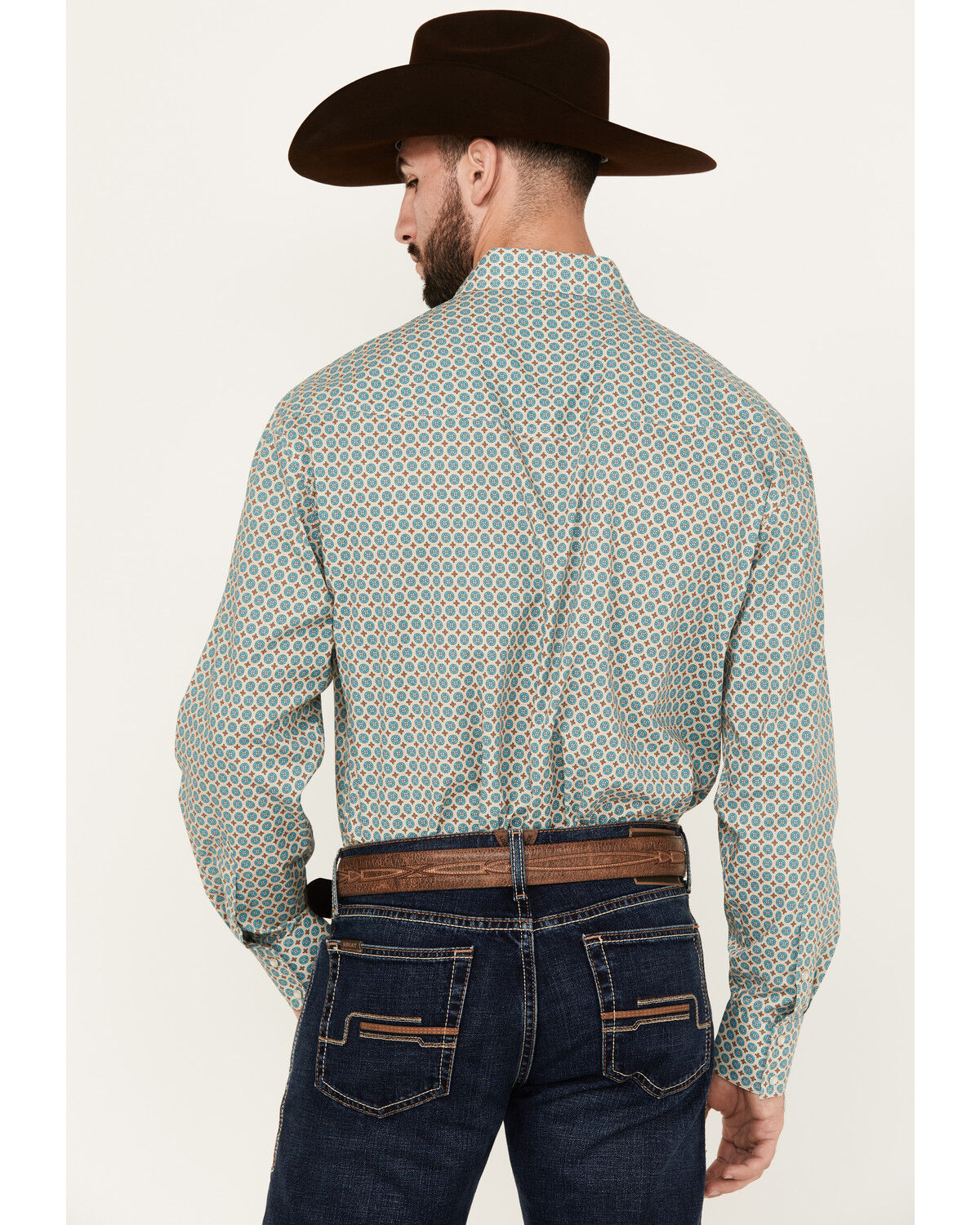 Image #4 - Roper Men's Amarillo Geo Print Long Sleeve Pearl Snap Western Shirt, Teal, hi-res