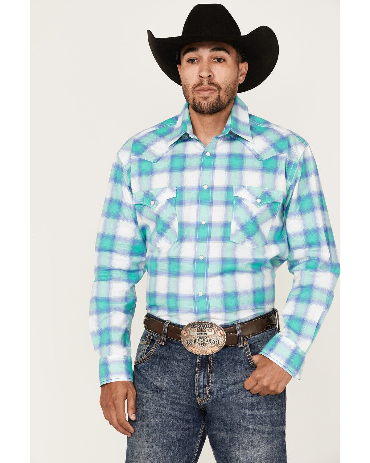 Rough Stock By Panhandle Men's Stretch Ombre Plaid Long Sleeve Pearl Snap Western Shirt, Aqua, hi-res