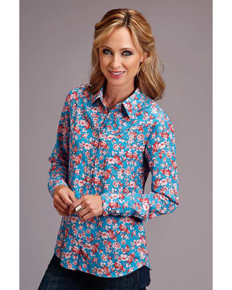 Stetson Women's Blue Rose Print Long Sleeve Western Shirt, Blue, hi-res