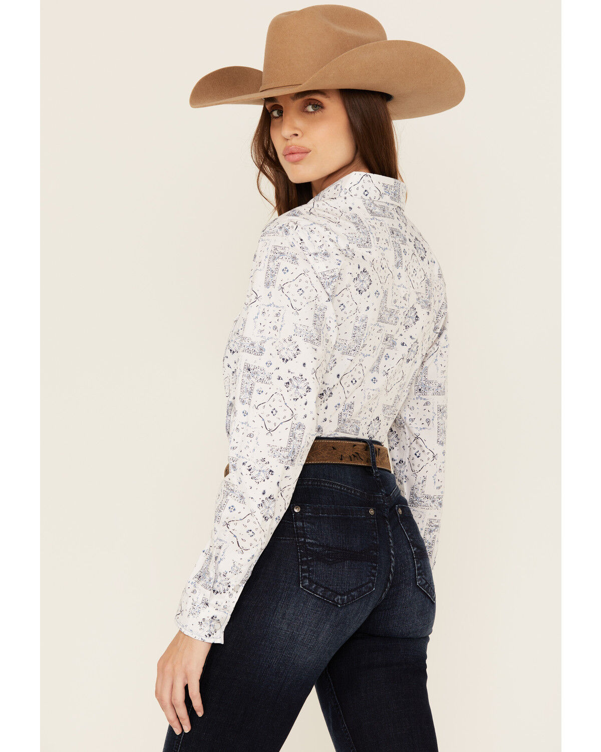 Image #4 - Rough Stock by Panhandle Women's Bandana Print Long Sleeve Pearl Snap Stretch Western Shirt, Blue, hi-res