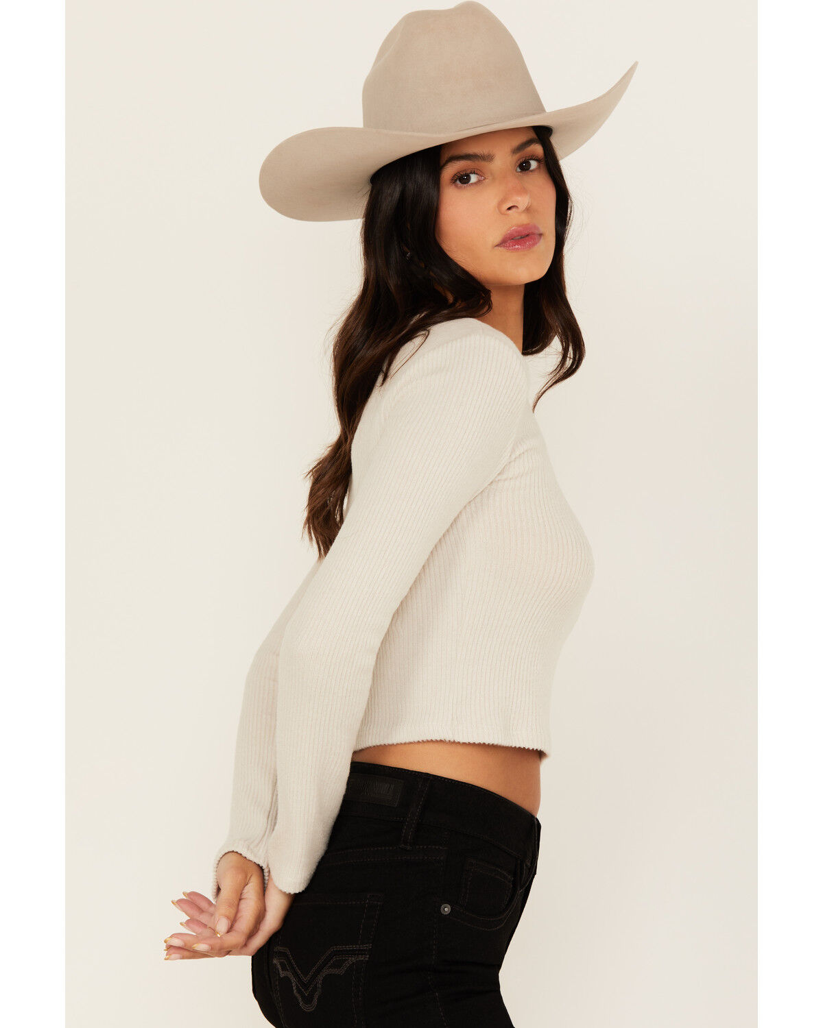 Image #2 - Originality Women's Solid Rib Knit Long Sleeve Cropped Shirt, Cream, hi-res
