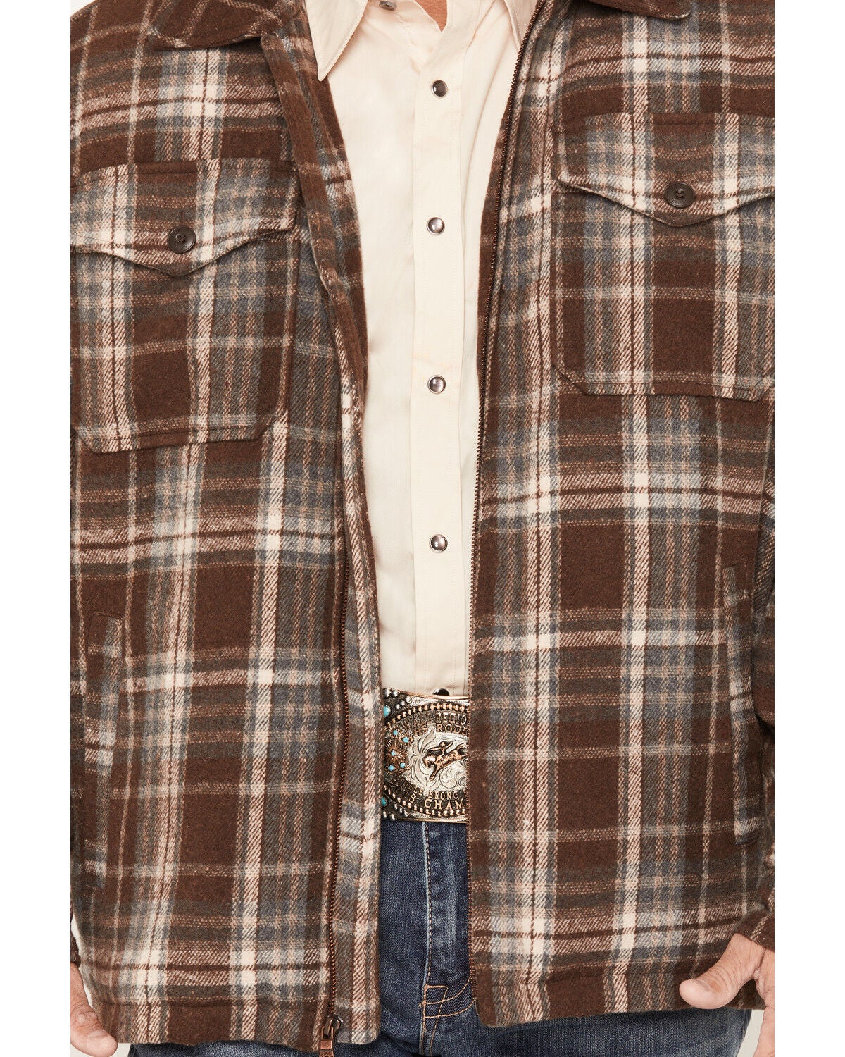 Image #3 - Cripple Creek Men's Plaid Print Sherpa Lined Zip Sherpa Jacket, Brown, hi-res