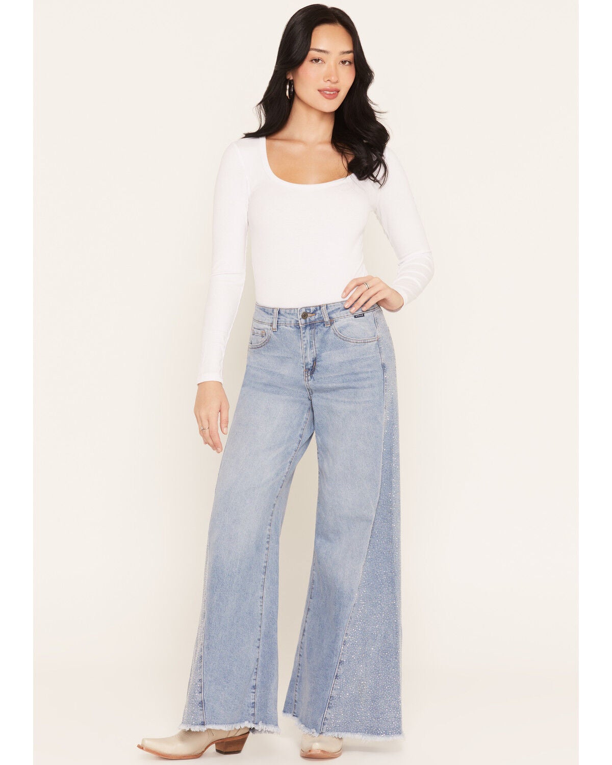 Image #2 - Cello Women's Medium Wash High Rise Rhinestone Embellished Extra Wide Stretch Denim Jeans, Medium Wash, hi-res