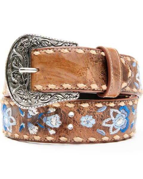 Shyanne Women's Shades Of Blue Floral Embroidery Belt , Brown, hi-res