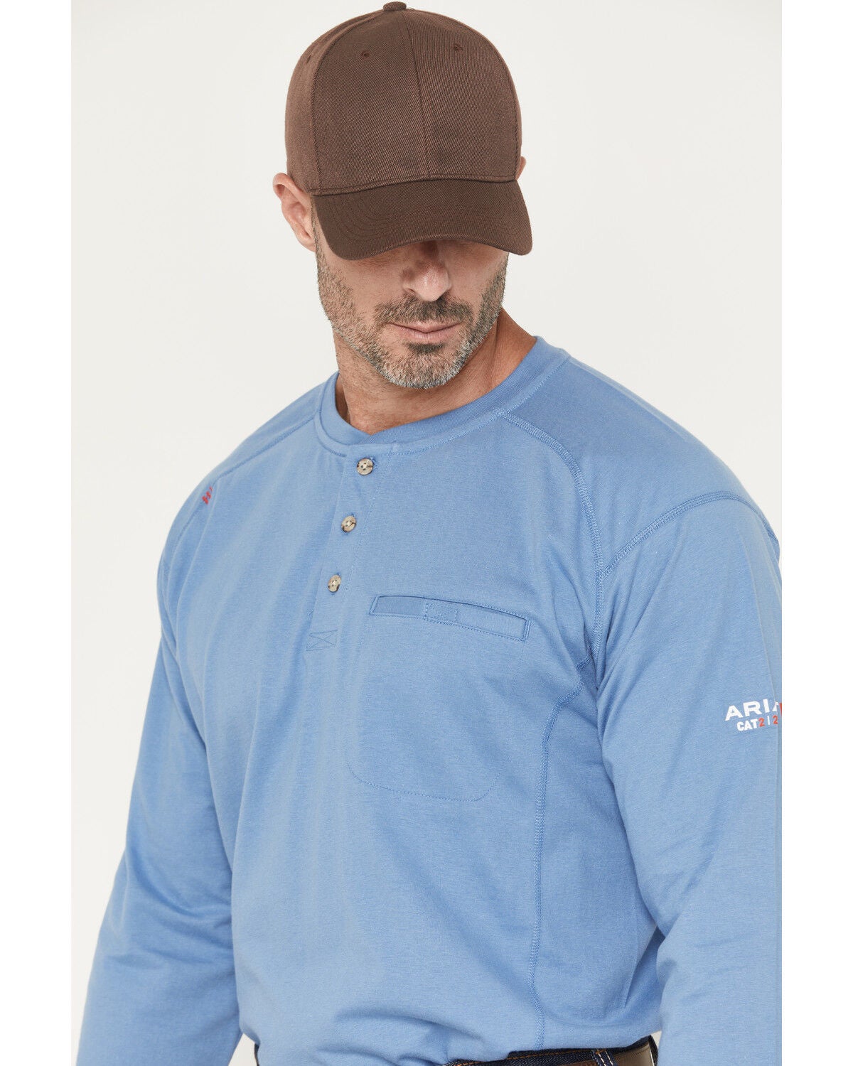 Image #2 - Ariat Men's FR Air Henley Long Sleeve Button-Down Work Shirt, Medium Blue, hi-res