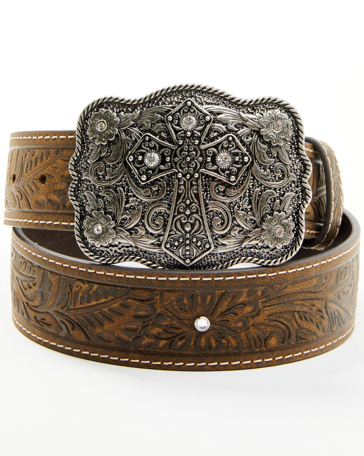 Shyanne Women's Floral Scroll Cross Buckle Belt, Dark Brown, hi-res
