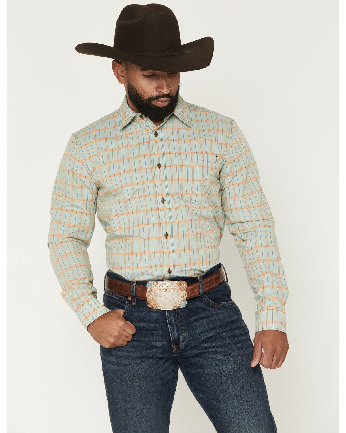 Image #1 - Gibson Trading Co Men's Money In The Bank Plaid Print Long Sleeve Button-Down Western Shirt, Light Blue, hi-res