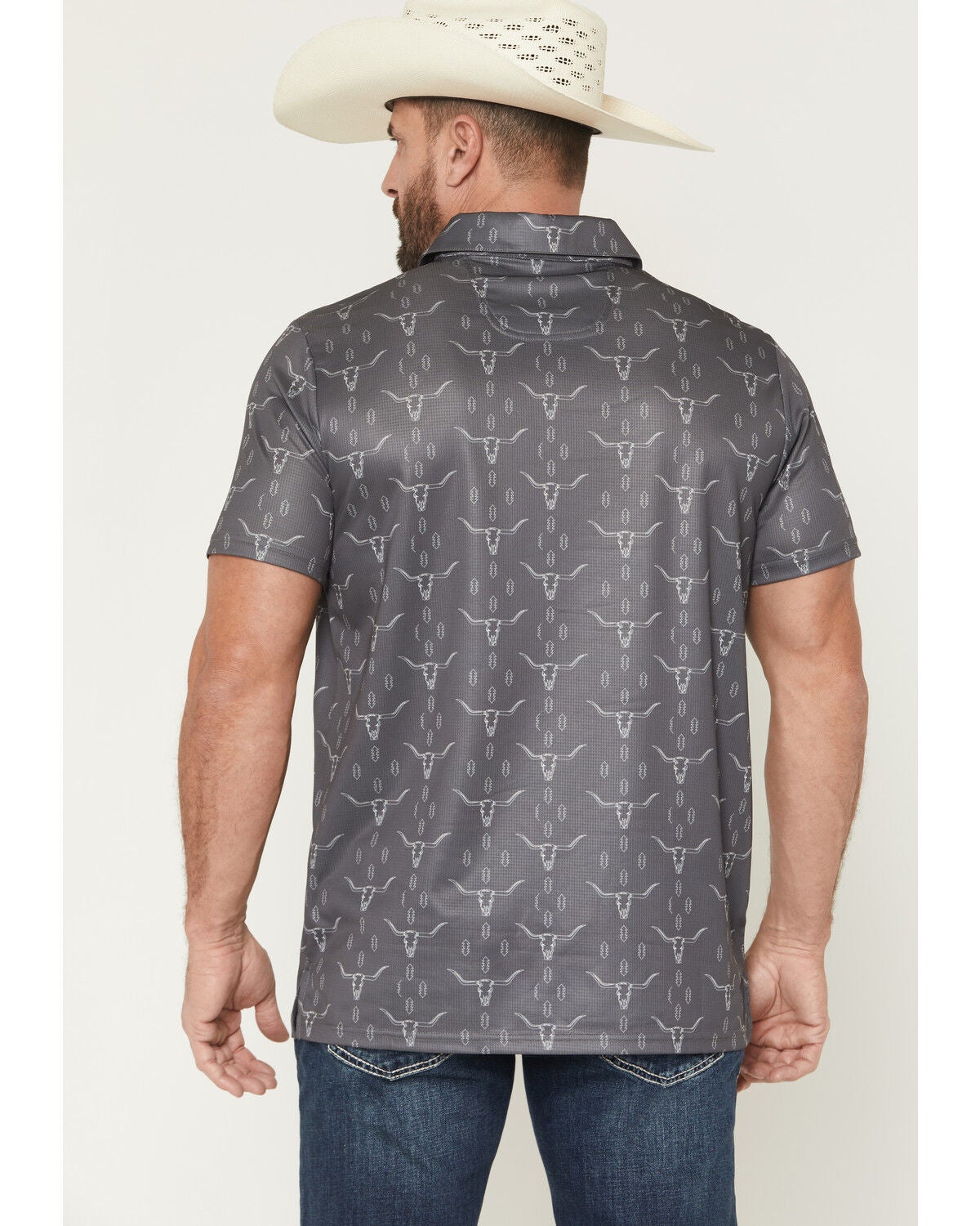 Image #4 - Rock & Roll Denim Men's Steer Skull Print Short Sleeve Button-Down Stretch Polo, Charcoal, hi-res