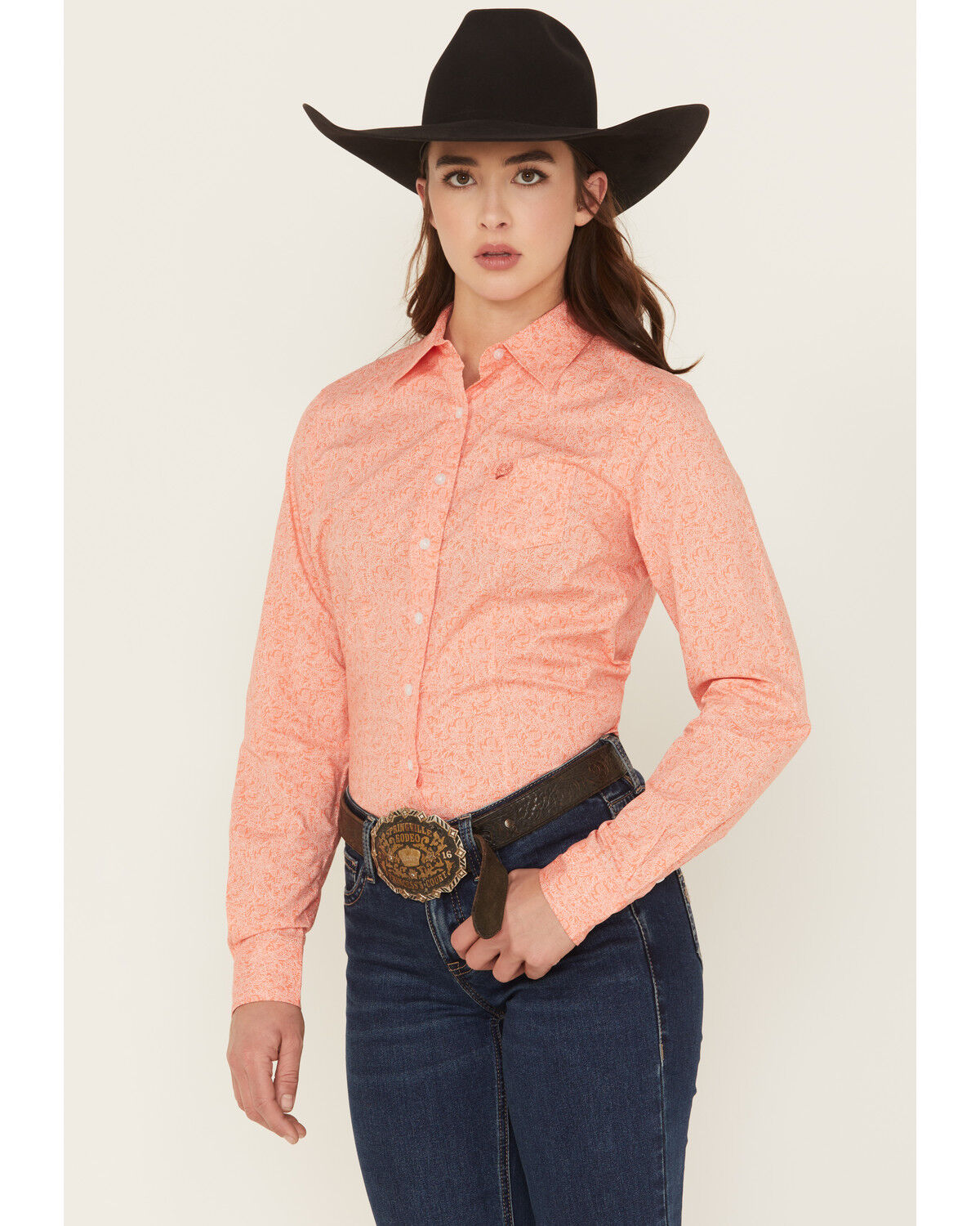 Image #1 - Cinch Women's Paisley Print Long Sleeve Button-Down Stretch Western Shirt, Coral, hi-res